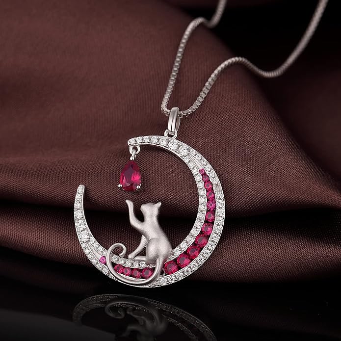 jiamiaoi 18K White Gold Plated Cat Necklace 925 Sterling Silver Diamond Cat Necklace Silver Cat On Moon Necklace for Women Gift for Birthday/Christmas, Come with Gift Box