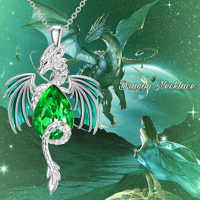 Dragon Necklace for Men Sterling Silver Birthstone Wyvern Necklace Embllished with Teardrop Shaped Crystal Jewelry for Women