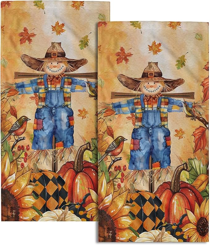 Giwawa Fall Scarecrow Hand Towels Set of 2 Autumn Pumpkin Bathroom Towel Seasonal Holiday Decorative Fingertip Towel Kitchen Fast Drying Washcloth