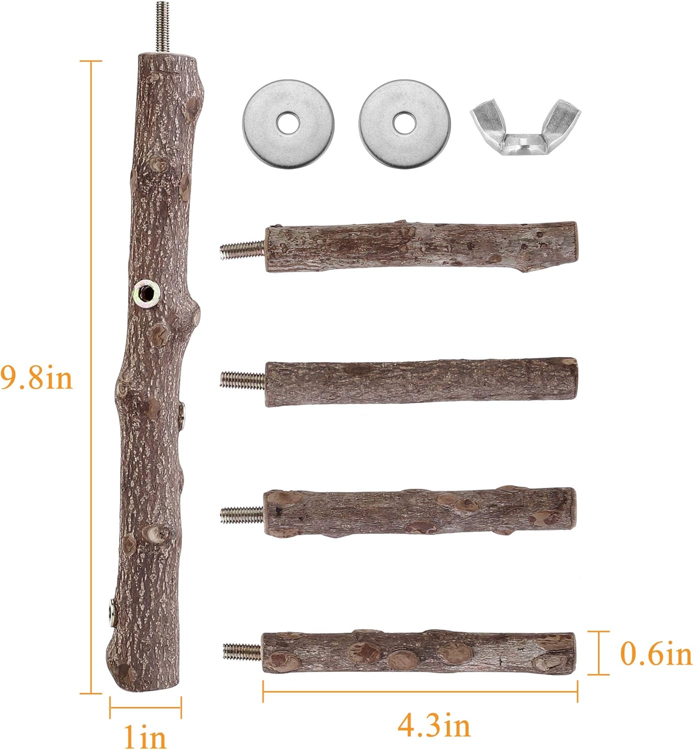 Bird Perch Stand Toy, Natural Wood Parrot Perch Bird Cage Branch Perch Accessories for Parakeets Cockatiels Conures Macaws Finches Love Birds (M: 10" Length)
