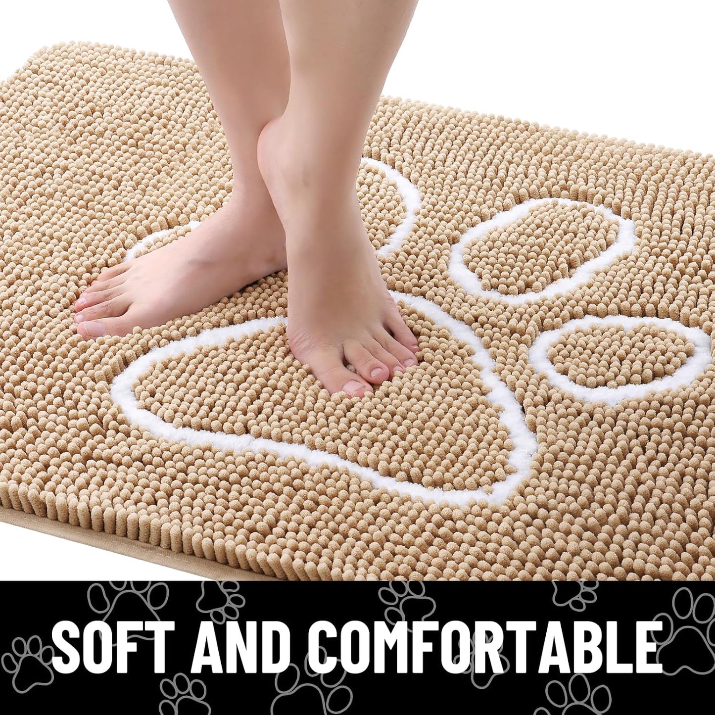 Smiry Dog Door Mat for Muddy Paws, Absorbent Dirt Trapper Non Slip Quick Dry Washable Chenille Mat for Mud Dogs, Entry Rug for Indoor and Outdoor (47x32 Inches, Beige)