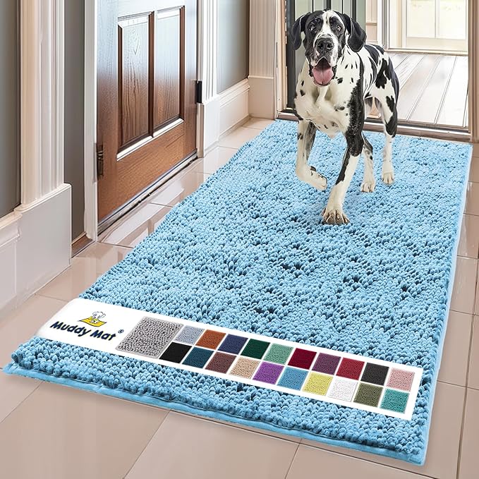 Muddy Mat® | Super Absorbent Door Mat Indoor, Microfiber Quick Dry Chenille Entryway Rug, Non-Slip Front Door Mat, Indoor Mats for Entryway, Machine Washable Pet Rug, Sky Blue 24"x60"