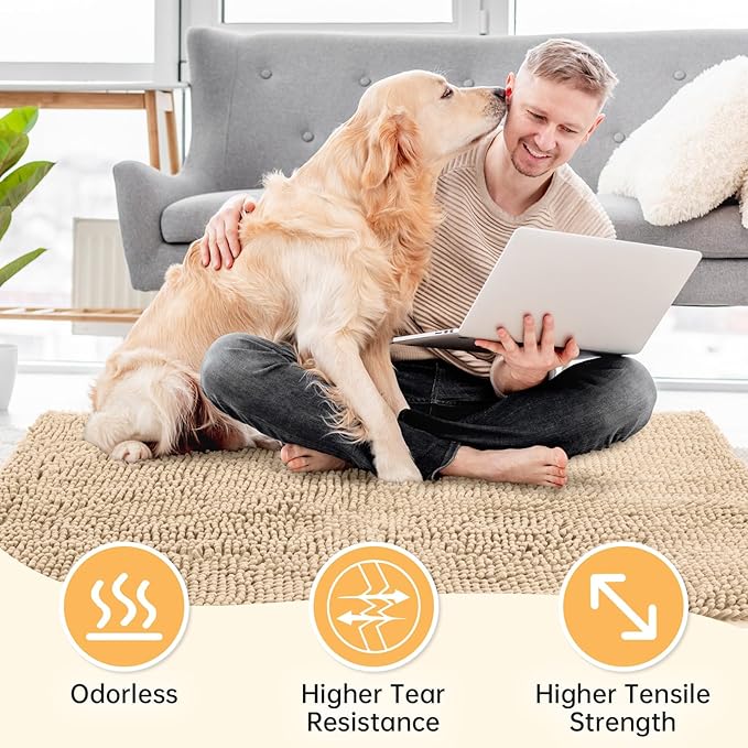 Absorbent Dog Door Mat for Muddy Paws, 60" x 48" Chenille Indoor Mats for Entryway, Trap Dirt Front Door Mat Indoor Entrance Washable Non Slip Soft Beige