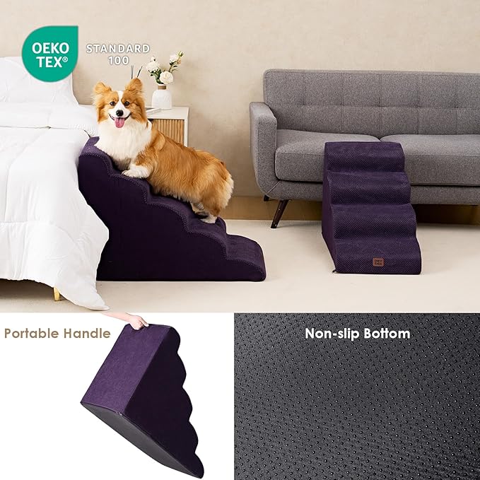 EHEYCIGA Curved Dog Stairs Ramp for High Beds 22.6" H, 5-Step Dog Steps for Small Dogs and Cats, Pet Stairs for High Bed Climbing, Non-Slip Balanced Pet Step Indoor, Purple