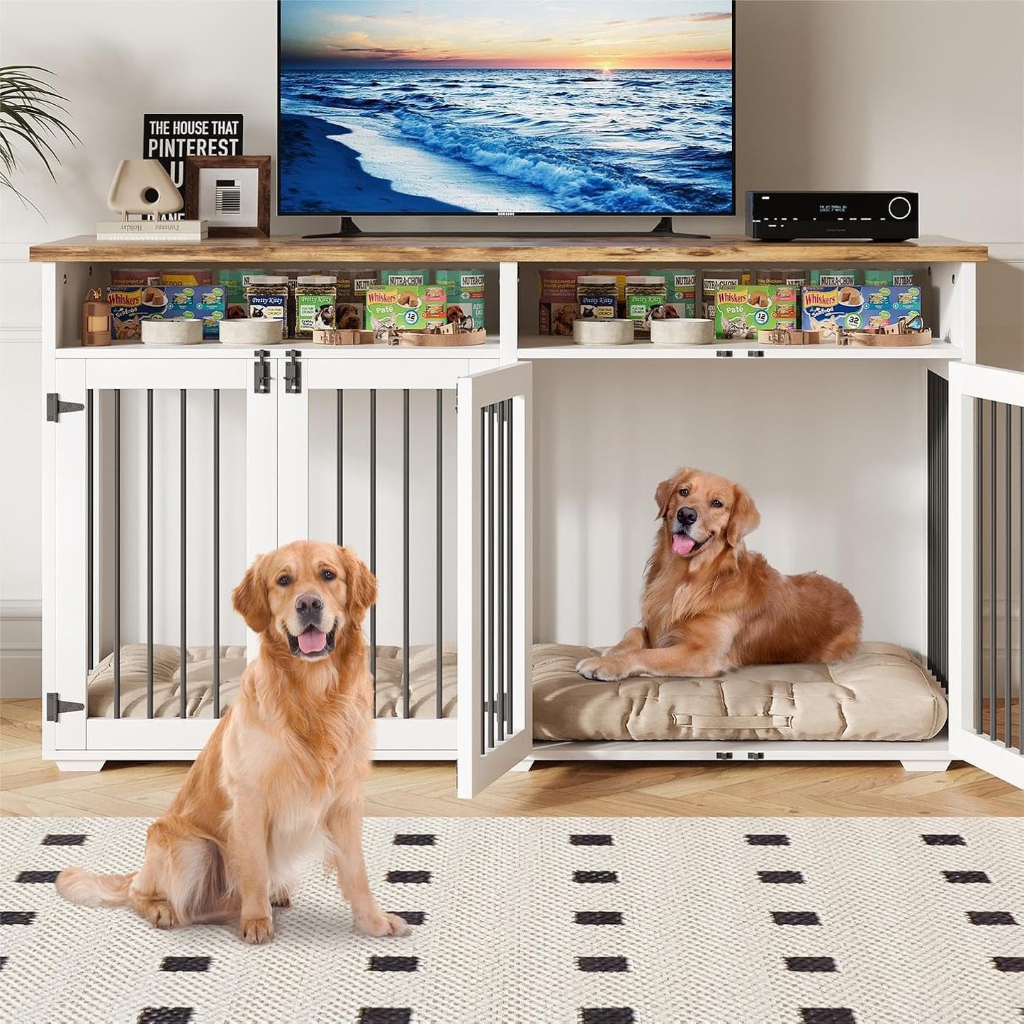 63'' Dog Crate Furniture for 2 Dogs, Wooden Dog Cage with Storage Compartment, Indoor Dog Kennel with 4 Doors for Large/Medium Dogs, White