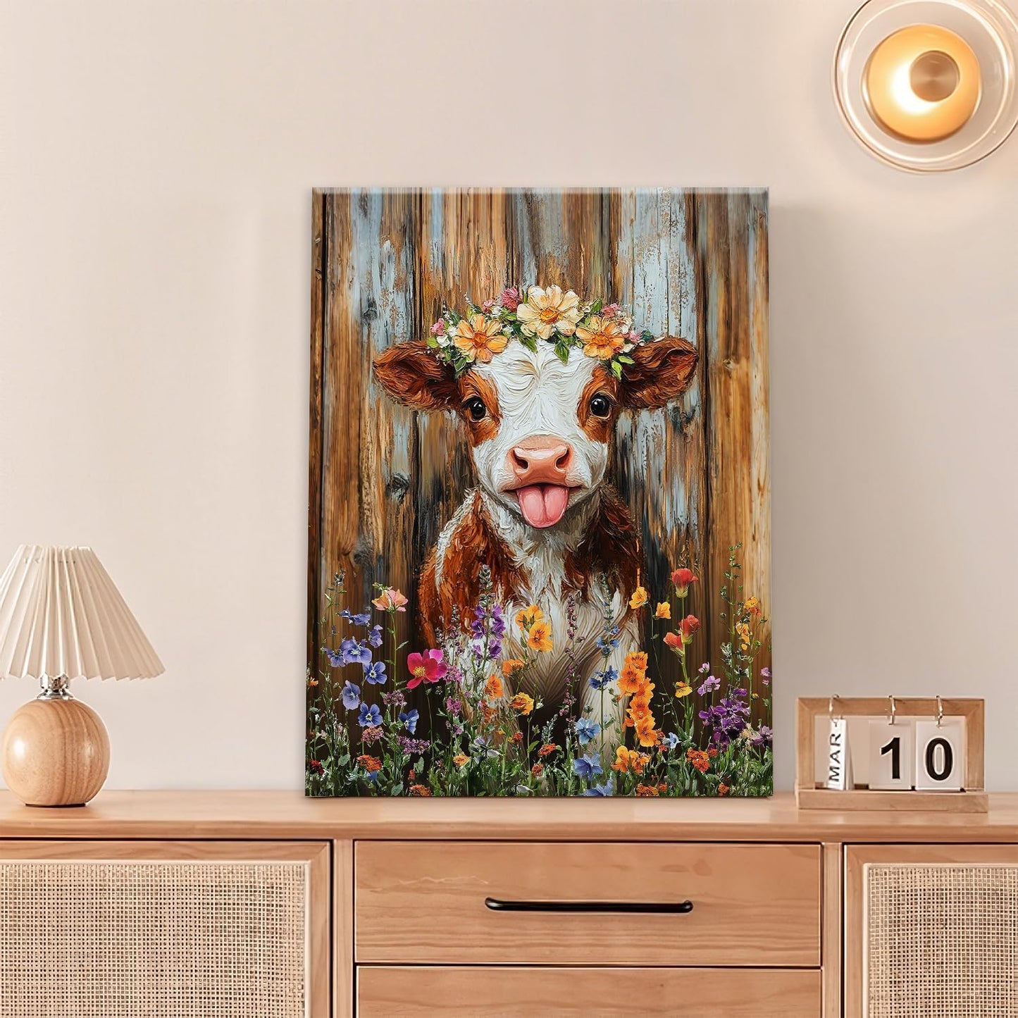 Funny Cow Bathroom Pictures Wall Art, Rustic Brown Cute Cow Bathroom Wall Decor, Farmhouse Floral Framed Painting Animal Flower Canvas Artwork for Bedroom Living Room Decorations 20"L x 16"W
