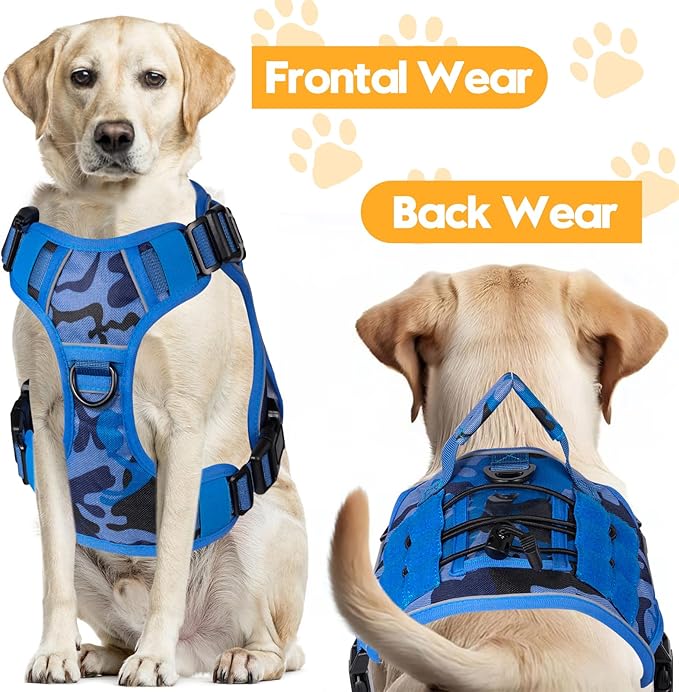 Heavy-Duty Tactical Dog Harness for Large Dogs, No Pull Adjustable Reflective Pet Vest with Molle System, K9 Military-Grade Control for Service Training, Outdoor & 10+ Breeds, Blue Camo, Medium