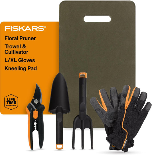 Fiskars Flower Gardening Tool Gift Set with Floral Pruner, Trowel, Cultivator, Garden Gloves, and Ultra-Light Kneeling Cushion for Outdoor Use (5 Piece Kit)
