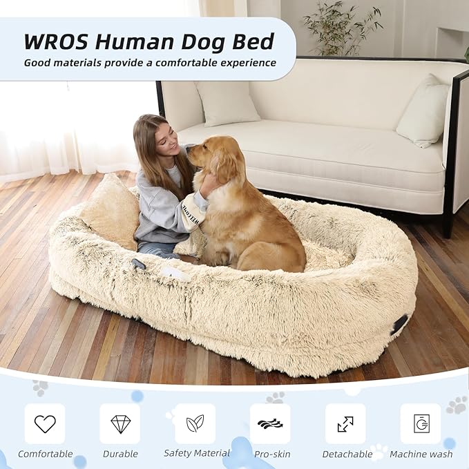 Human Dog Bed, 71''x45''x12'' Size Fits You and Pets, Washable Faux Fur Pet Bed for People Doze Off, Napping Orthopedic Dog Bed, Present Plump Pillow, Blanket, Strap - Beige