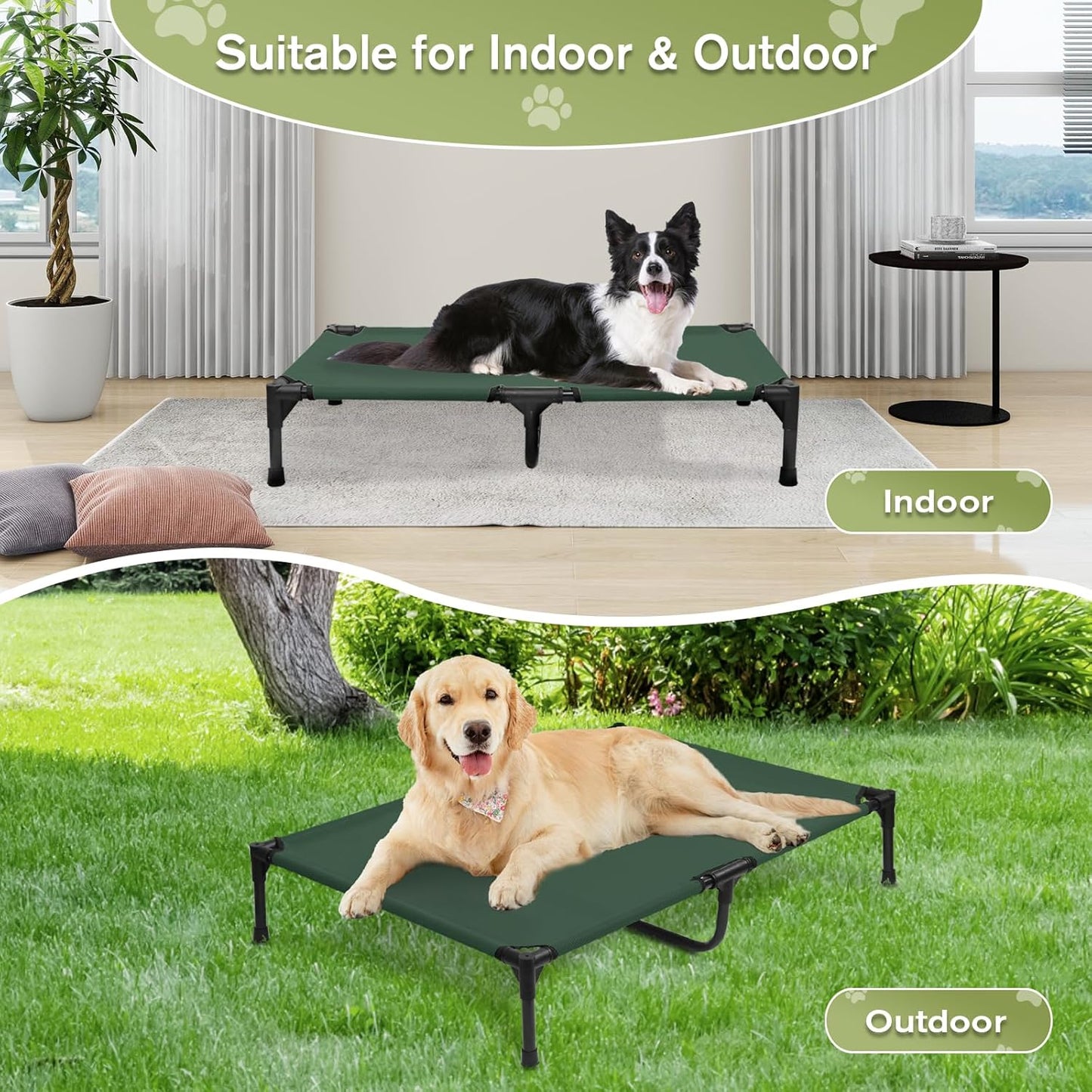 Elevated Dog Bed 42 Inch - Breathable Raised Pet Bed for Large Dogs, Waterproof Dog Cot Bed Easy to Assemble, Durable Portable Pet Cot with Non-Slip Feet, Green