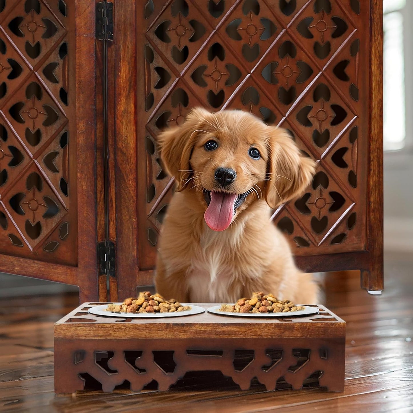 Elevated Pet Feeder for Dogs and Cats - Hand Carved Wood Bones Raised Dog Bowl Stand - Pet Feeding Stand with Two Steel Bowls - Raised Dog Bowl for Food Water - Pet Feeding Station -17x11x4- IRONGATE