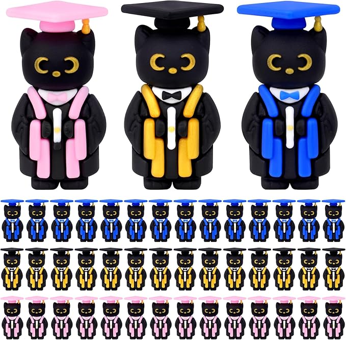 Graduation Gifts Set Class of 2025, 45 PCS Black Cat Figurines with Cap Diploma, PVC Mini Cat Resin Hide Prank Figures for Storage Bag for Student Gifts Party Favor