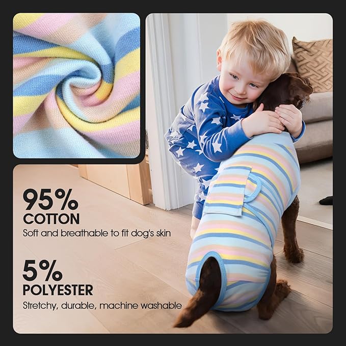 FUAMEY Recovery Suit for Dogs After Surgery,Soft Breathable Dog Bodysuit E-Collar & Cone Alternative Surgical Suit,Male Female Dog Neuter Spay Suits Anti Licking Wounds Onesie Blue Yellow Stripes XL