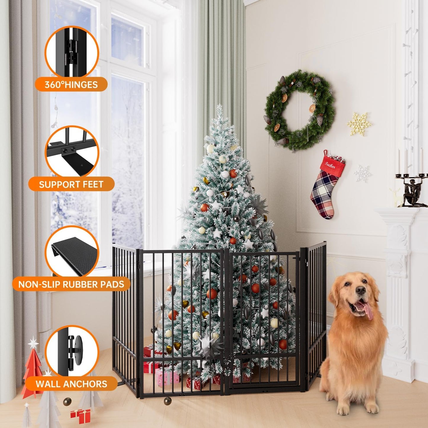 Full Metal Freestanding Dog Gate with Door, 36''Height Foldable Pet Dog Fence for Indoor & Outdoor, 4 Panels Extra Wide Free Standing TallDog Gates for Doorways,House,Stairs,Porch,Deck,Yard