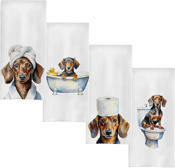 Funny Dachshund Bathroom Hand Towels, Dachshund Lover Gifts, Weiner Dog Gifts for Women Decorative Hand Towels for Bathroom, Funny Sausage Dog Kitchen Towels, 16x24 Inch Set of 4