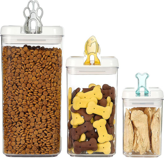 Felli Flip Tite Pet Food Container with Airtight Lids, BPA FREE Acrylic Canister with Paw Bone Fish Flip Top Handles for Cat Dog Kibble Treats Storage, Keep Fresh (Pet Collection Nest-L3pk)