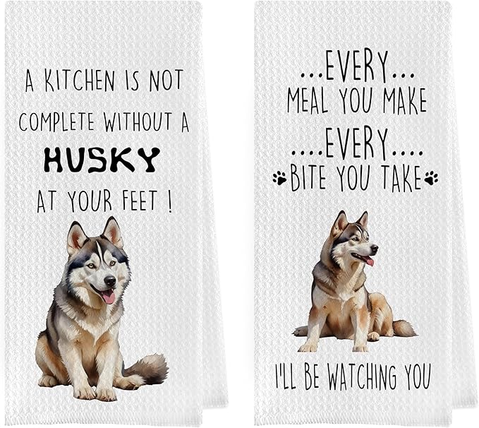 Funny Husky Dish Towels Set - Decorative Waffle Weave Kitchen Hand Tea Towels, Siberian Husky Gifts (1624 Inches, Set of 2)