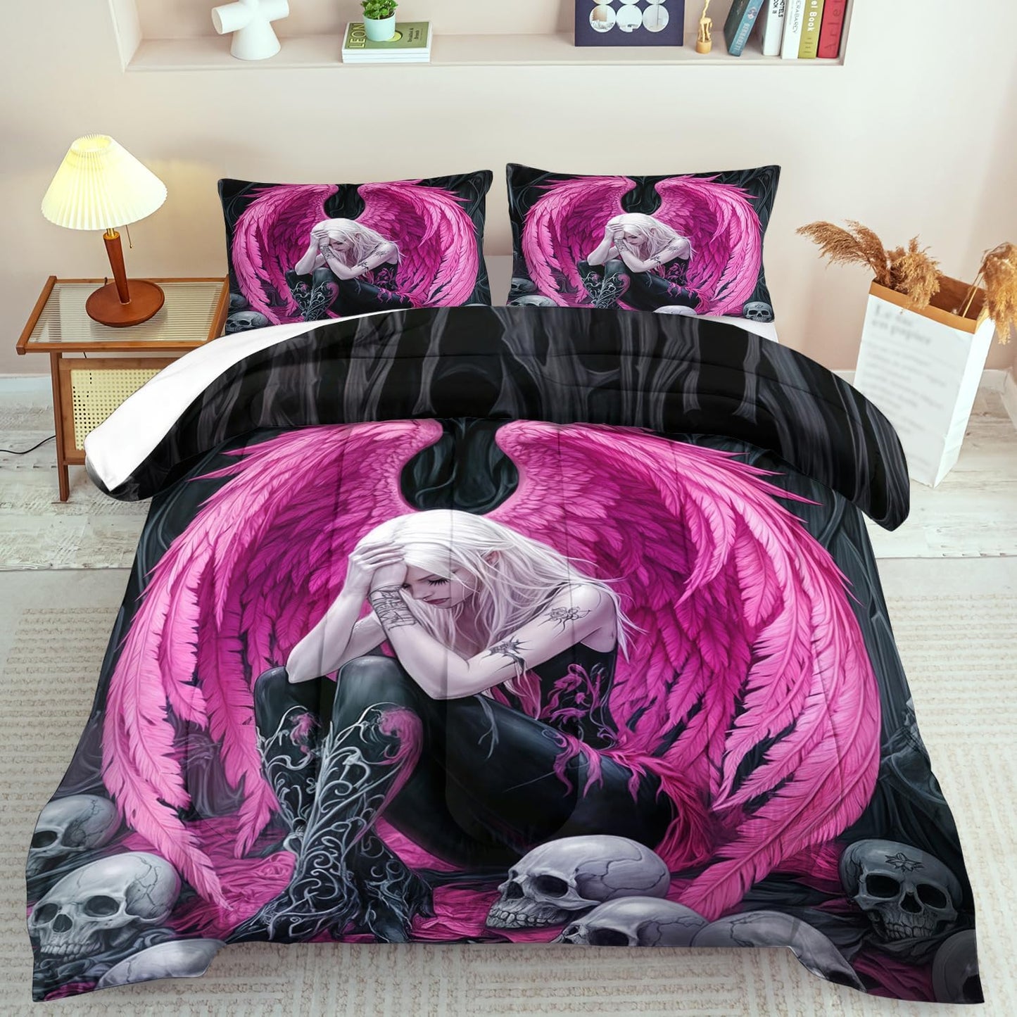 Gothic Skull Comforter Set Twin for Adults,Angel Wings Bedding Set Pink for Girls,Sexy Angel Comforter Bedroom Decor Teen,Gothic Skull Bedding Decor Pink Wings Quilt