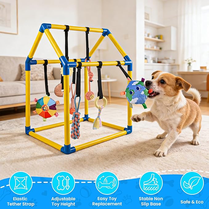Almaro Puppy Play Gym with 8 Hanging Toys – Interactive Indoor Dog Enrichment Toy for Puppies & Small Dogs, Adjustable Bungee Toys, Tool-Free Assembly