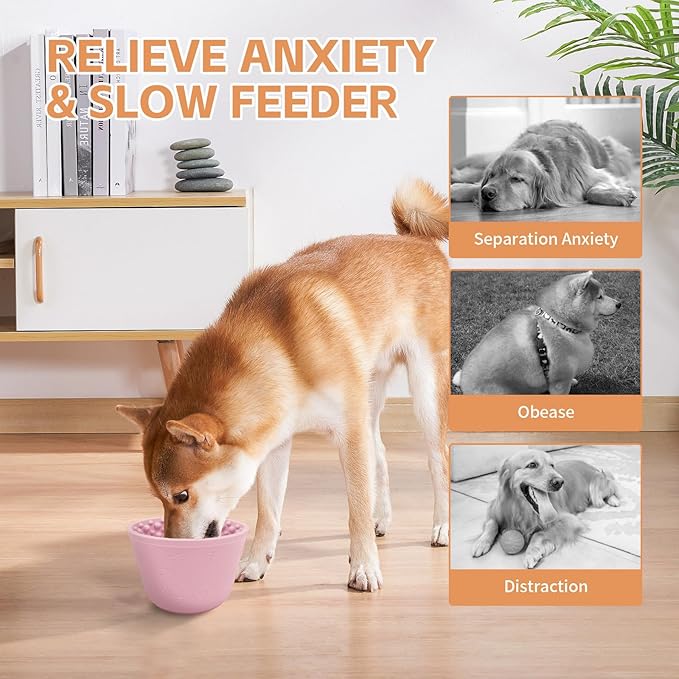 Dog Lick Bowl with Brush and Scraper, Anxiety Relief Silicone Slow Feeder Treat Dispenser, Anti-chocking Pet Dish, Non-Slip Interactive Entertainment Dog Puzzle Toy for Medium & Large-Pink