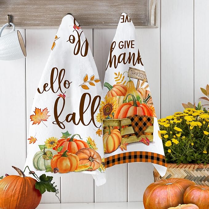 Hexagram Thanksgiving Kitchen Towels-Thanksgiving Kitchen Decor, Decorative Dish Tea Towels with Sayings-Fall Housewarming Gifts for Decorations, Turkey and Pumpkins Hand Towels Set of 4