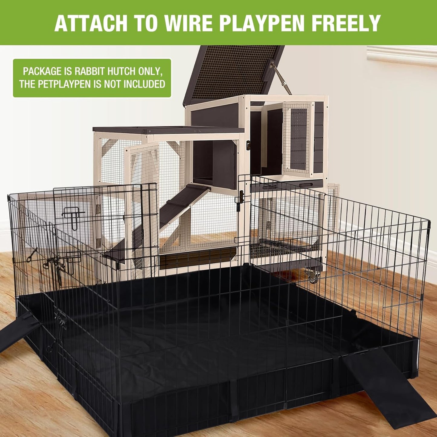 GUTINNEEN Rabbit Hutch Indoor Mobile Bunny Cage with Run Wooden 2 Story Guinea Pig Cage Outdoor for Small Animals with Wheels,Two Deeper No Leak Trays(Brown)