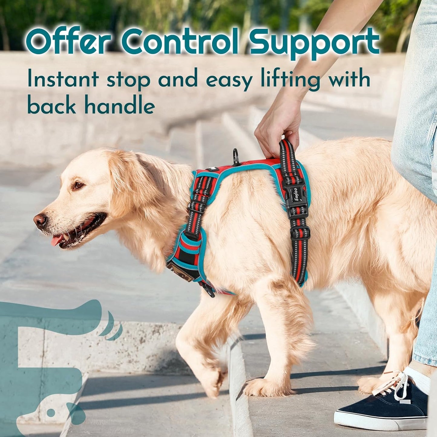 Eagloo Dog Harness Medium Sized, Easy Wearing with 3 Buckles, Adjustable No Pull Pet Harness with 2 Rings for Walking, No Chock Reflective Soft Padded Vest with Control Handle, Red & Teal, M