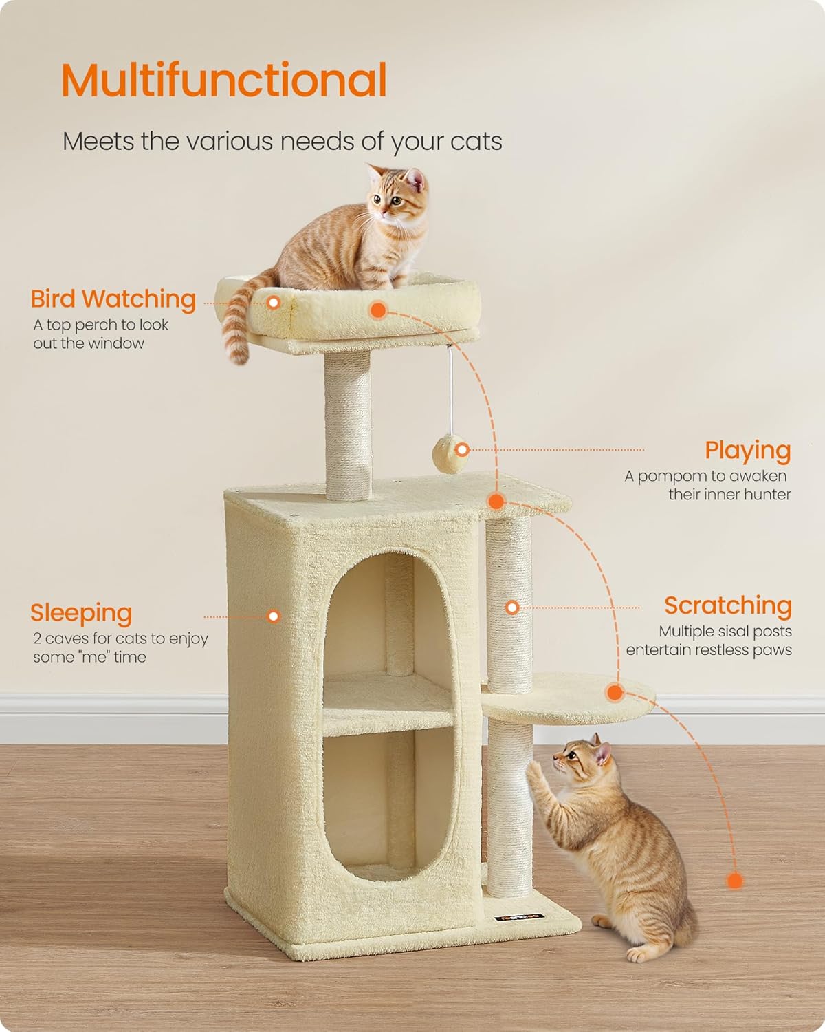 Feandrea Cat Tree Tower with 2 Caves for Multi-Cat Households, Kittens, Scratching Posts, Sand Beige UPCT005Y01