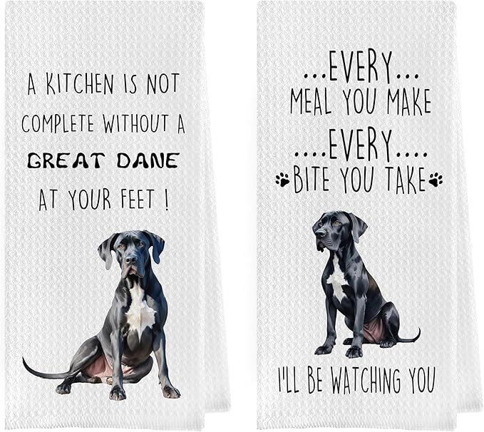 Great Dane Dish Towels Set - Funny Great Dane Decorative Waffle Kitchen Towels, Hand Towel, Tea Towel (16×24 Inches, Set of 2)