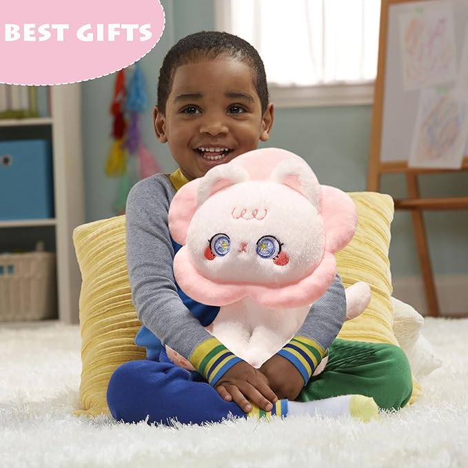 ELAINREN Lovely Flower Cat Plush Toy Crazy Pink Kittten Stuffed Pillow Ultra-Soft Floral Kitty Plushies Doll Gifts/11.8''