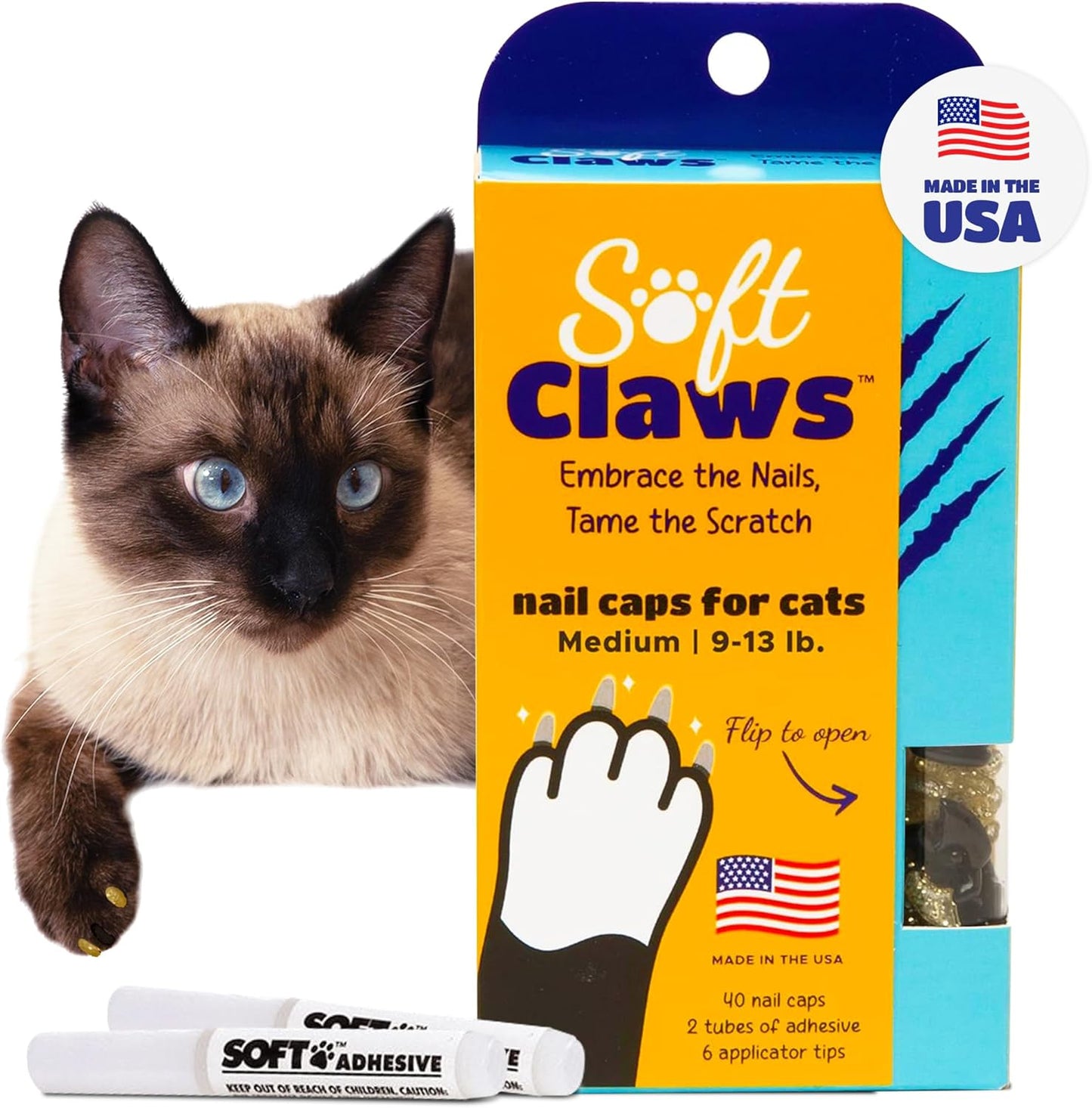 Soft Claws Cat Nail Caps for Medium Cats – (40 Caps, Black & Gold) - Made in USA - Veterinarian-Developed | Protects Furniture & Skin - Easy to Apply, Long-Lasting Anti-Scratch Soft Cat Claw Covers