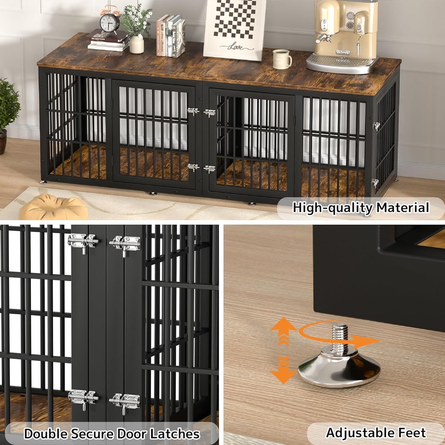 78 Inch Double Dog Crate Furniture, Heavy Duty Extra Large Cage Furniture with Divider for 2 Dogs, Decorative Wooden Kennel Furniture Indoor, Metal Pet House for Large and Medium Dogs