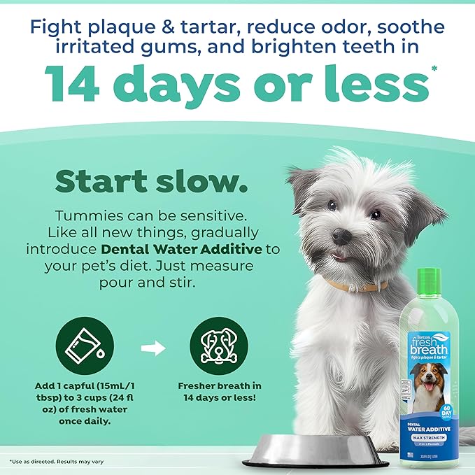 TropiClean Fresh Breath Advanced Whitening Water Additive for Dogs, Max Strength Dog Teeth Cleaning and Breath Freshener Solution, 33.8oz