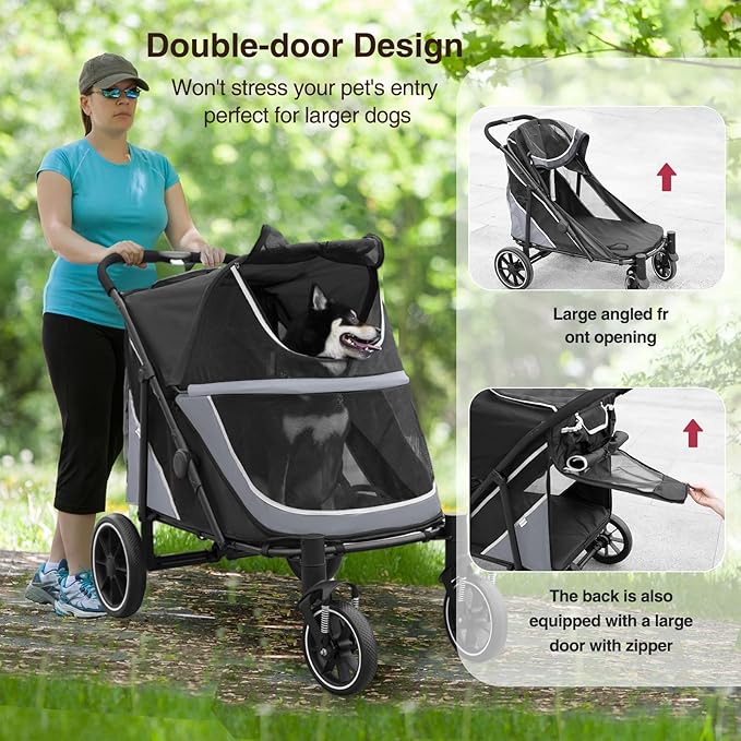 Dog Stroller for Medium/Large Dogs One-Click Folding, Extra Large Pet Stroller for 2 Dogs with Storage Pocket & Shock Absorption, Up to 130 lbs, Grey
