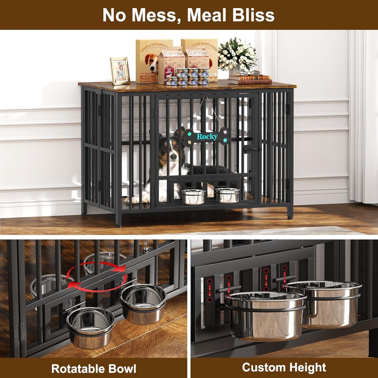 Easycom 41" Dog Crate Furniture Foldable, No Assembly Decorative Dog Kennel Indoor, Dog Crates for Large Dogs, Wooden Dog Cage with Adjustable Bowls and Name Tag, End Table, Rustic Brown