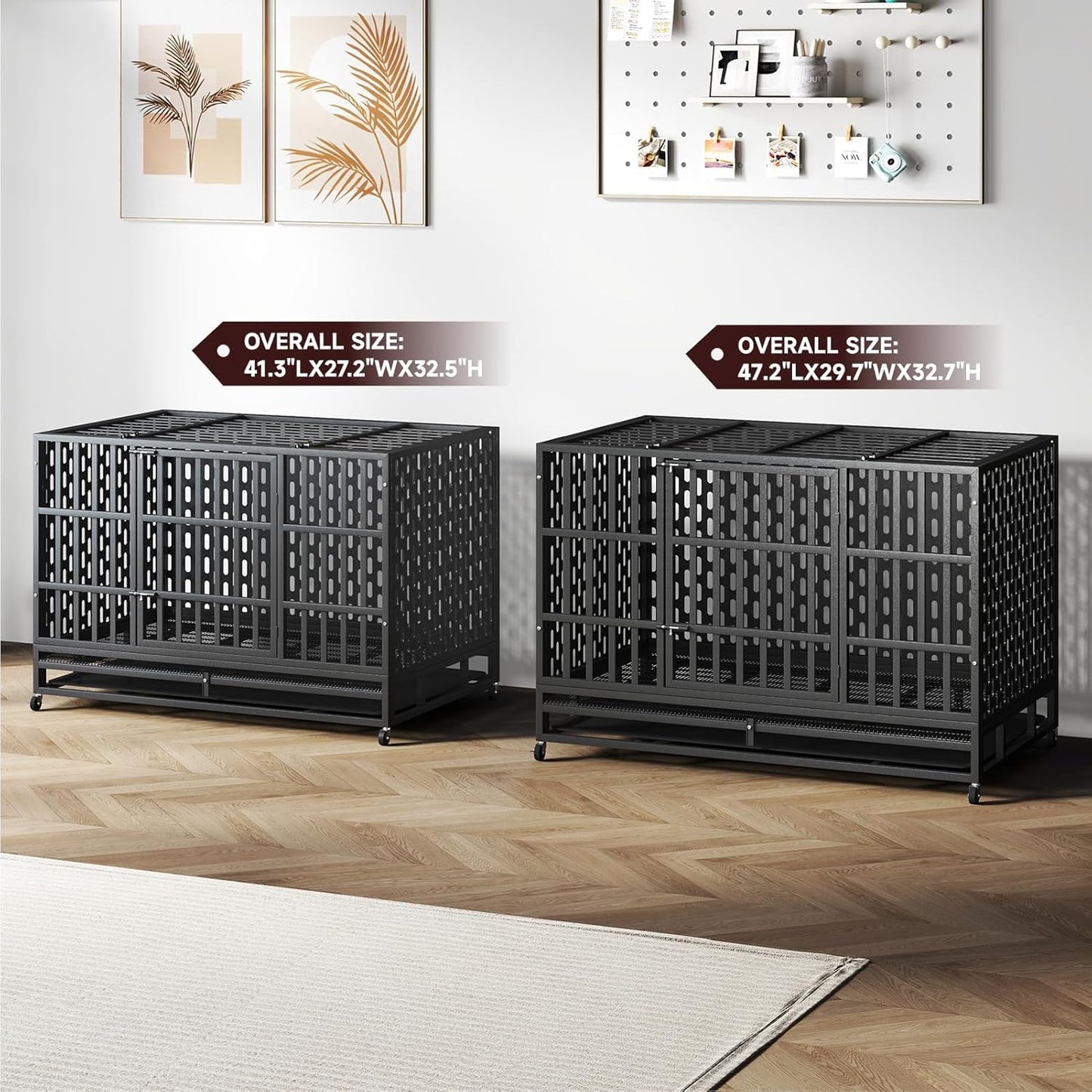 48/42 Inch Heavy Duty Indestructible Dog Crate Steel Escape Proof, Indoor Double Door High Anxiety Cage, Kennel with Wheels, Removable Tray, Extra Large XL XXL