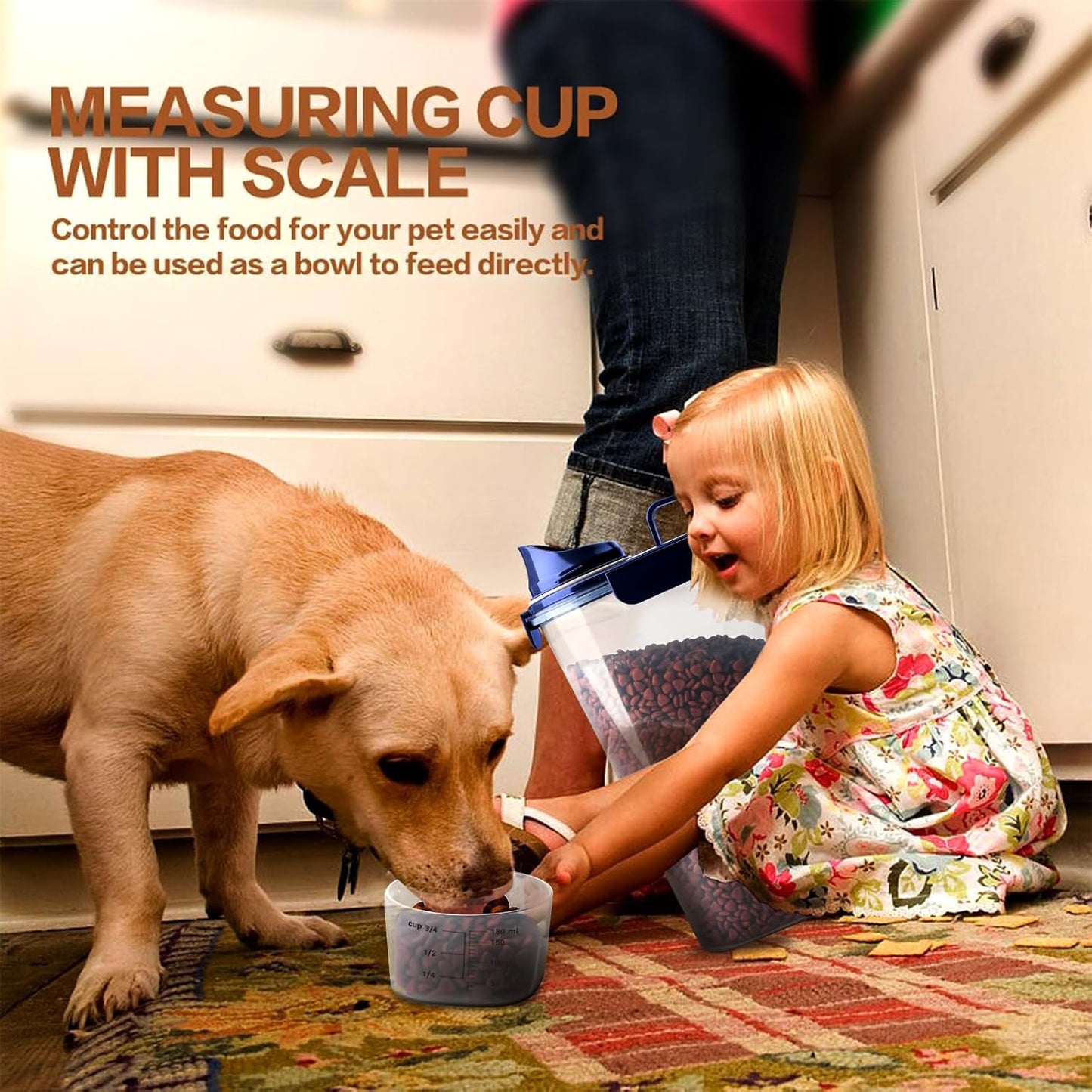 Dog Food Storage Container, 5-7 Lbs Airtight Pet Food Container, Cat food Container Dispenser with Portable Handle, Pouring Spout and a Collapsible bowl for Dogs Cats Navy Blue/6Qt