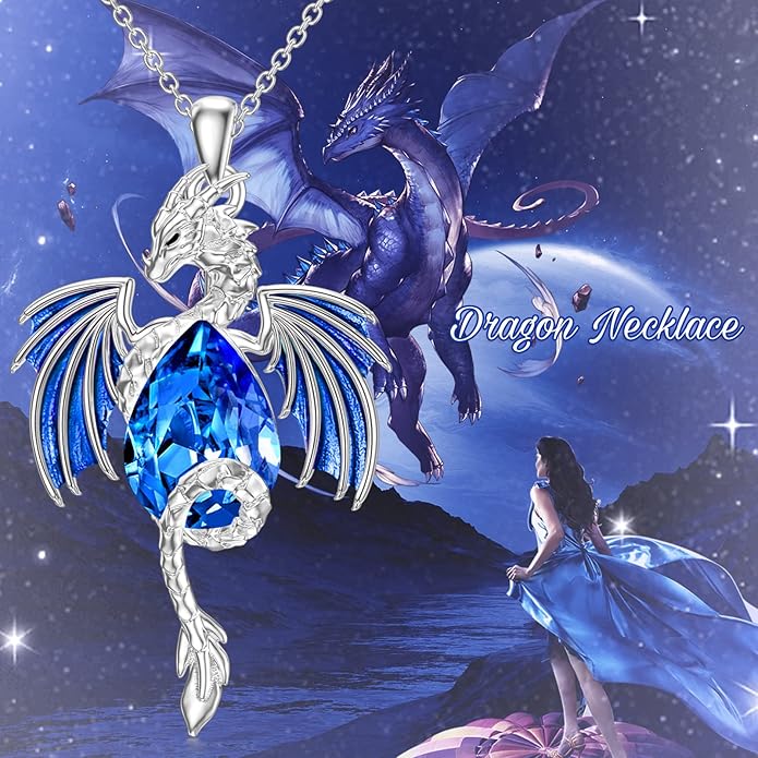 Dragon Necklace for Men Sterling Silver Birthstone Wyvern Necklace Embllished with Teardrop Shaped Crystal Jewelry for Women