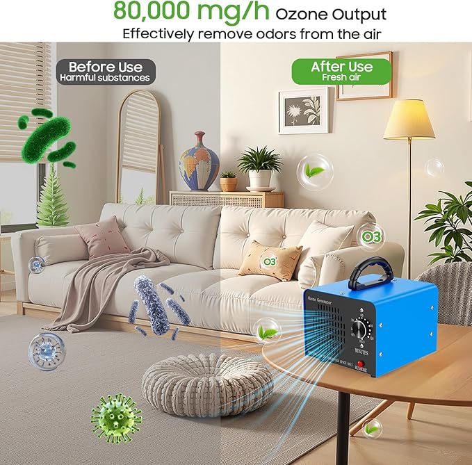 Ozone Generator Machine200,000mg/h, High Capacity Ozone Odor Eliminator Removal Air Purifier for Home Car Pet & Basement Odor, Suitable for Spaces up to 7,000 Square Feet, Blue