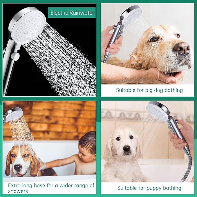 Dog Shower Head Sprayer Pet High Pressure 3 Mode Handheld with ON OFF Switch Metal Diverter 100 Inch Extra Long Stainless steel Hose No Drill Hook Chrome