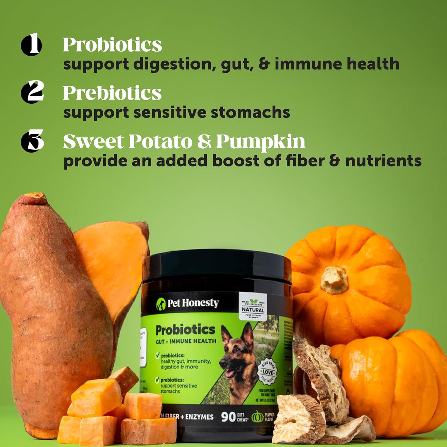 Pet Honesty Probiotics for Dogs for Occasional Diarrhea & Bowel Support, Digestive Enzymes with Prebiotics for Gut Health for Dogs, Immunity Health & Itch Relief (Duck 90 ct)