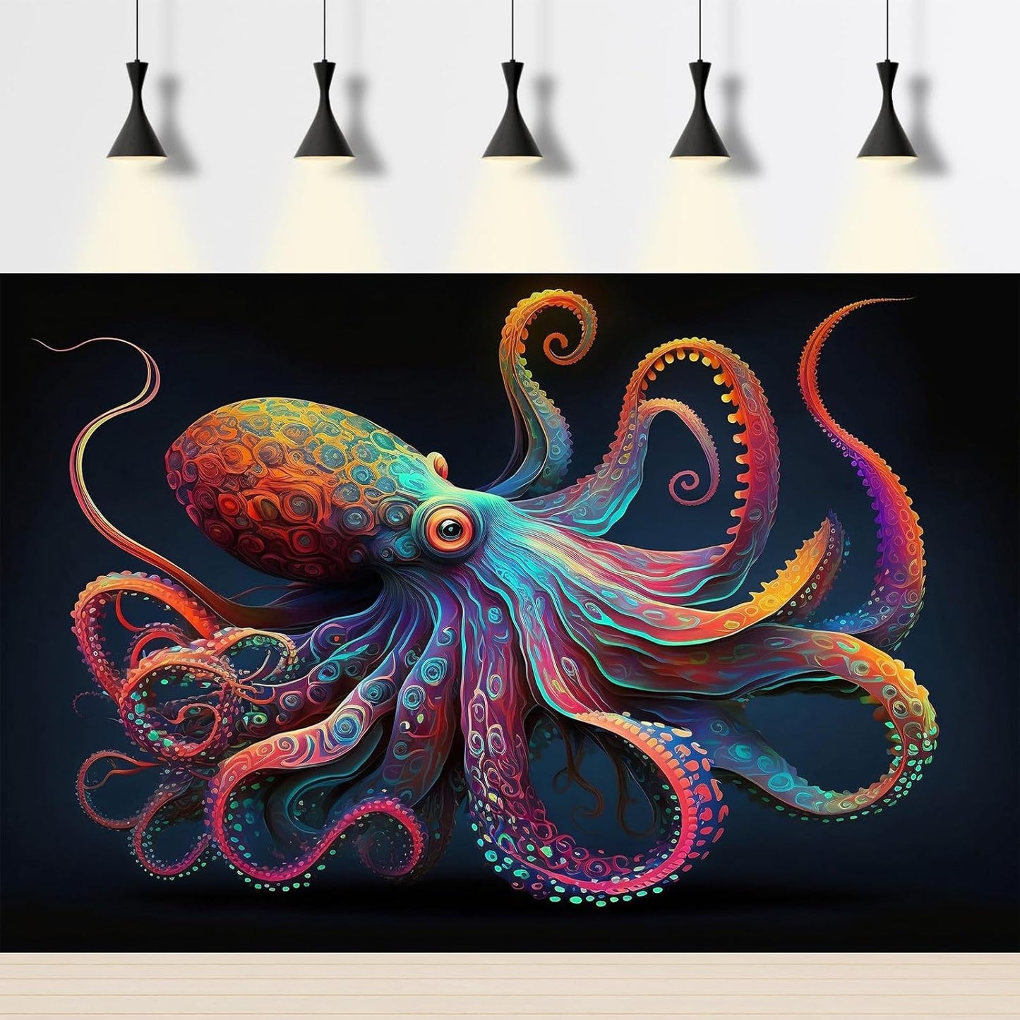 Exquisite Octopus Aquarium Background Abstract Colorful Octopus Terrarium Background Glowing Octopus on Black Background Fish Tank Backdrop Octopus Backdrops Poster Wallpaper Decors Vinyl 48x20in