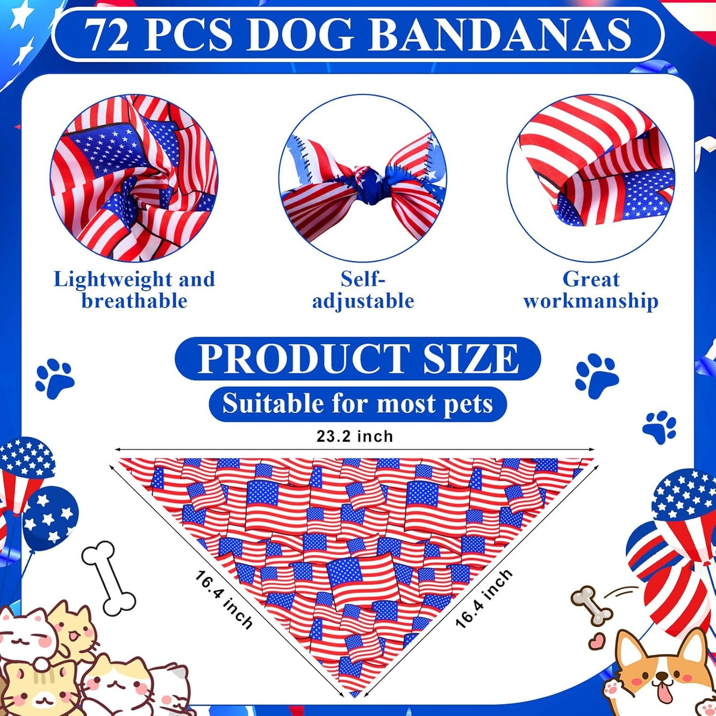 72 Pcs Veterans Day Dog Bandanas Bulk Patriotic Triangle Scarf Cat Puppy Bibs Scarf Blue White and Red Pet Bandanas for Puppy Cat Birthday Party Costume