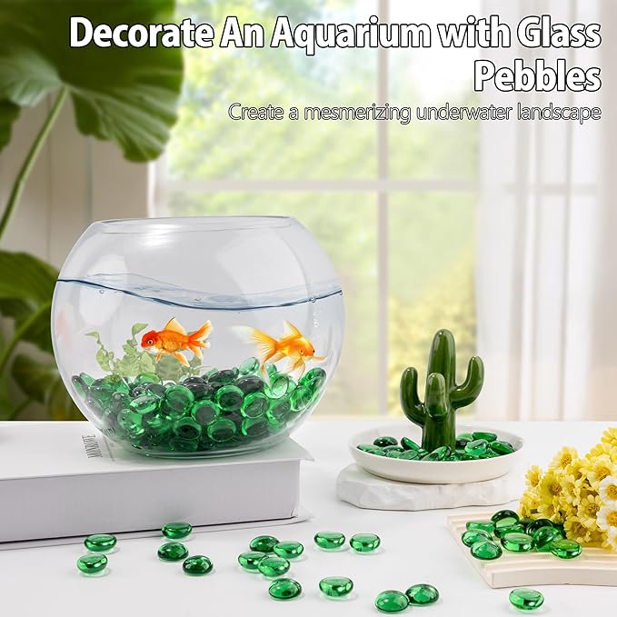 Green Glass Marbles, 0.97 LB Transparent and Smooth Flat Glass Beads for Vases, Mosaic Gem Pebbles for Aquarium Decor, Floral Arrangements, Mancala Stones, Vase Filler and Crafts (Approx. 80-100 PCS)