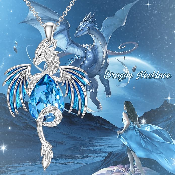 Dragon Necklace for Men Sterling Silver Birthstone Wyvern Necklace Embllished with Teardrop Shaped Crystal Jewelry for Women