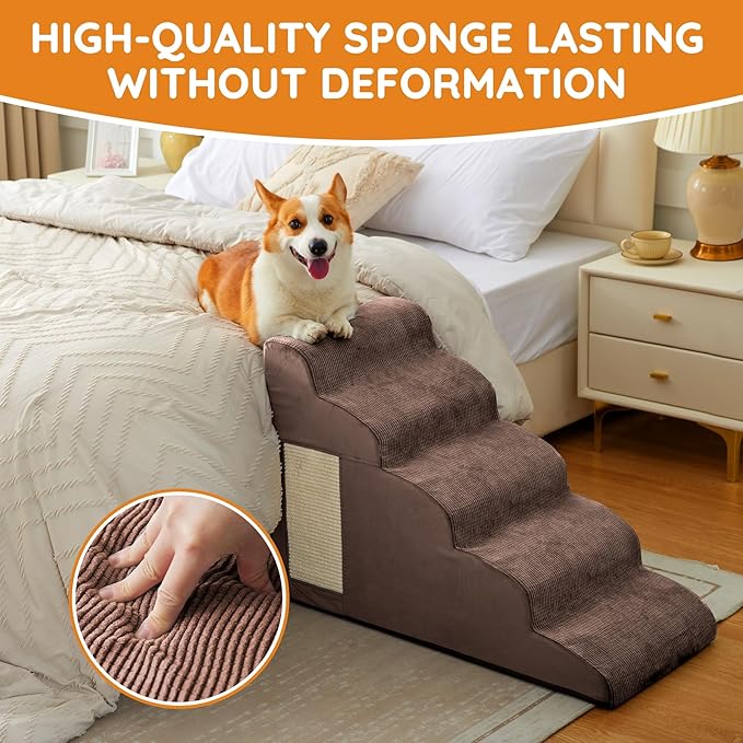 Dogs Steps for Bed, Dog Stairs for Small Dogs, 2-Step Dog Ramp for Bed, Couch, Sofa, and Chairs, Non-Slip Bottom Design, Cat Scratching, High Density Foam Portable Pet Step, Indoor, Coffee