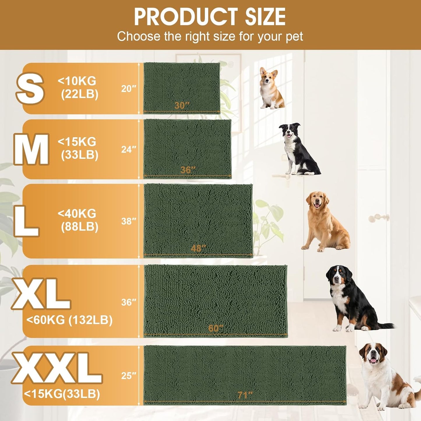Extra Large Dog Door Mats for Muddy Paws, Chenille Absorbent Dog Mats, Non Slip Heavy Mud Mat for Dogs, Soft Pet Mat for Entryway, Mud Paws, Inside Floor,60" x 36", Olive