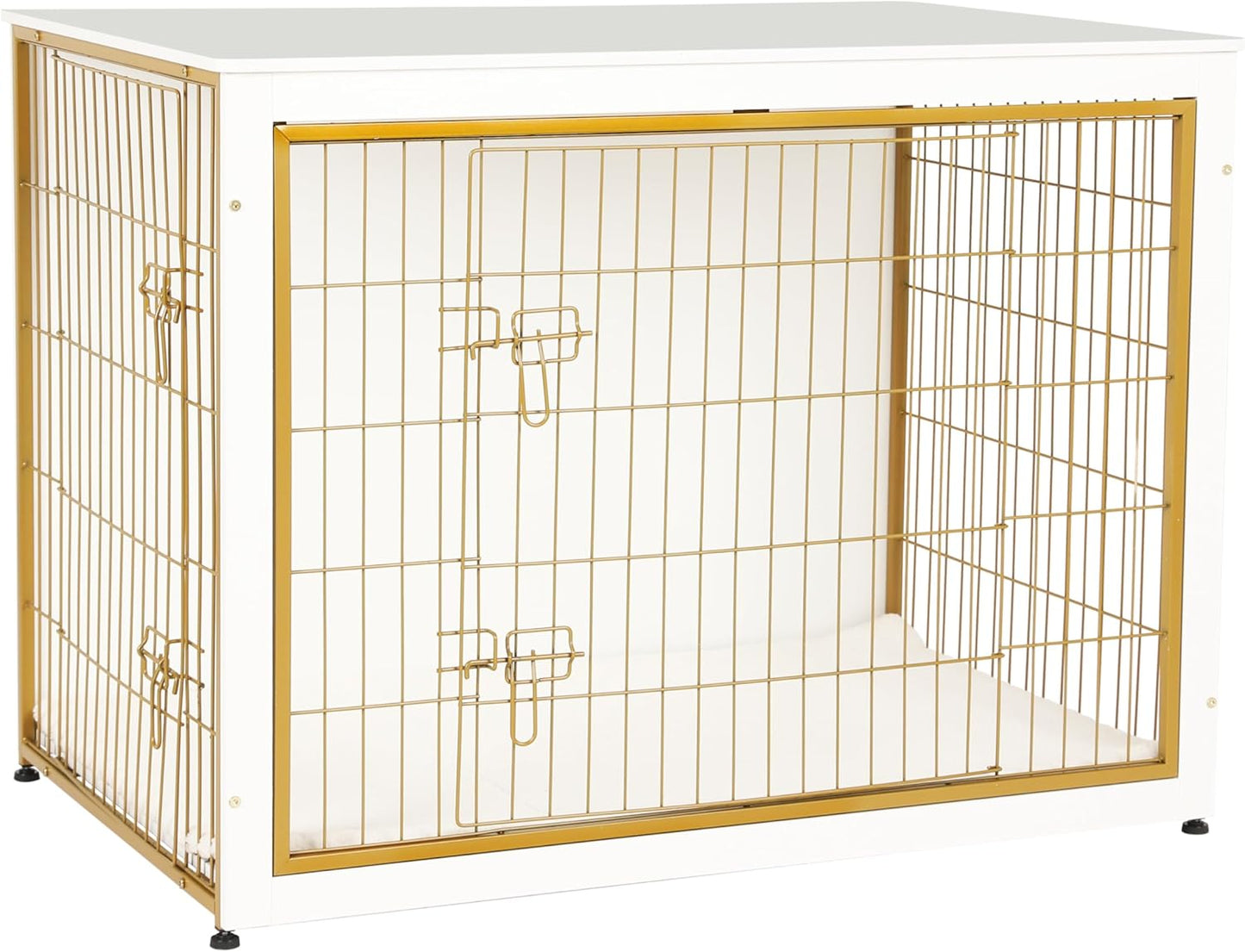 DWANTON Dog Crate Furniture with Cushion, Wooden Kennel Table with Double Doors, Indoor Dog House, Extra Large Size, 43.3" L, White+Gold