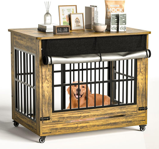 42" Large Dog Crate Furniture, Double Door Wooden Indoor Dog Kennel Furniture, Decorative Pet Cage End Table with Wheels for Large Breed Dogs, Size XL, Rustic Brown