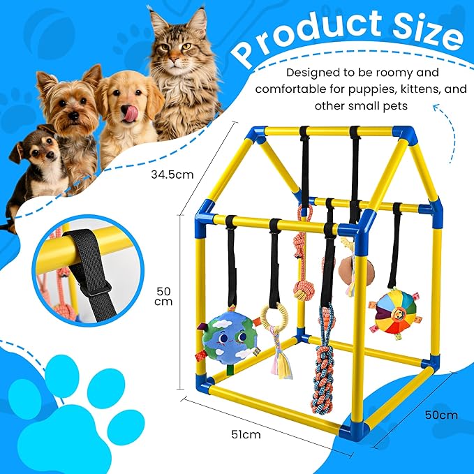 Almaro Puppy Play Gym with 8 Hanging Toys – Interactive Indoor Dog Enrichment Toy for Puppies & Small Dogs, Adjustable Bungee Toys, Tool-Free Assembly